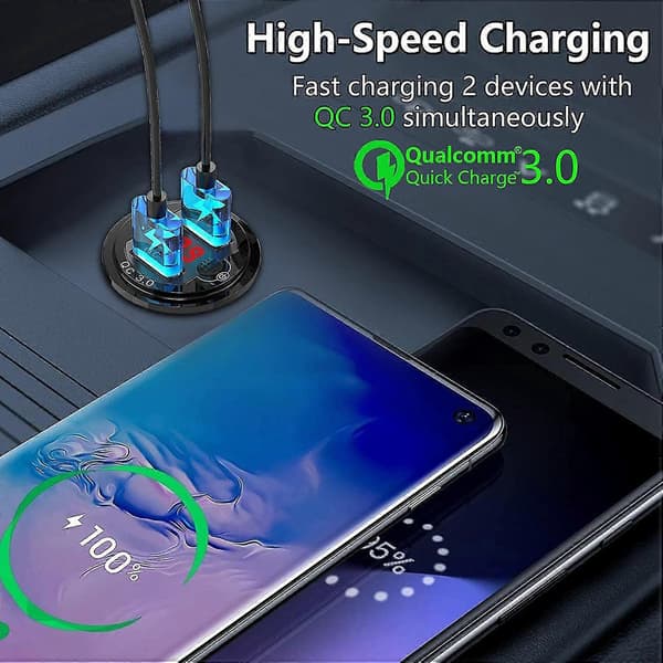Quick Charge 3.0 12V USB Biloplader med Kontaktknap og Voltmeter - Aluminium Sokkel