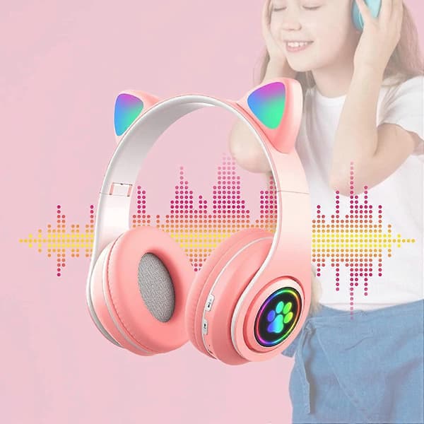 NEREN Barne Hodetelefoner Bluetooth 5.0 Multifunksjon Katteøre Ekstra Lang Batteritid Stereo Lyd LED Lys Sammenleggbar Justerbar Bærbar Headset Multi-co