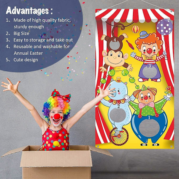 Kastspel med karnevalclown-banner och bönpåsar för barn och vuxna på karnevalsfest