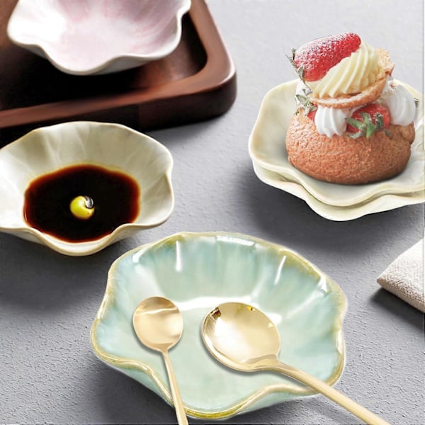 Keramisk Skeholder, Blomsterformet Skeholder til Køkken, Sovseskåle, Sushi Soja Dyppeskål, 2 stk. Grøn
