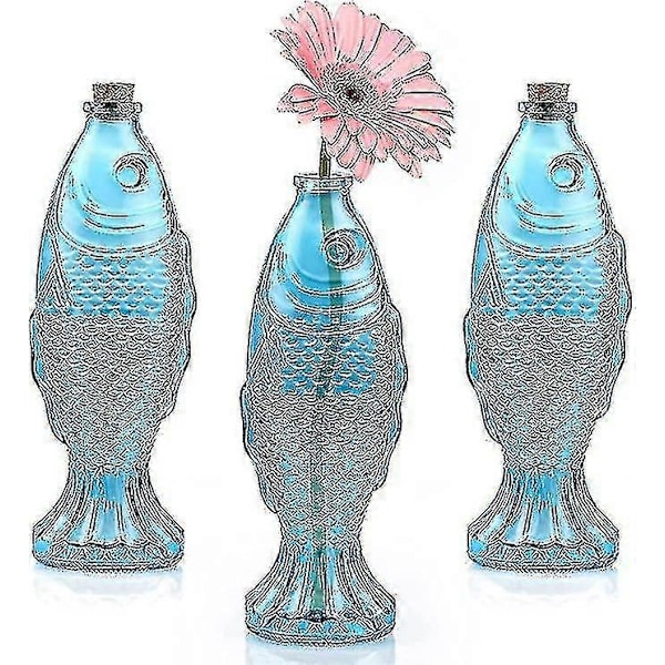 Vaso i Fiskform, Dekorativ Glaskaraff med Träpropp, Blommavas Mittstycke för Vardagsrum, Matbord, Kök, 3-pack, Kapacitet 50