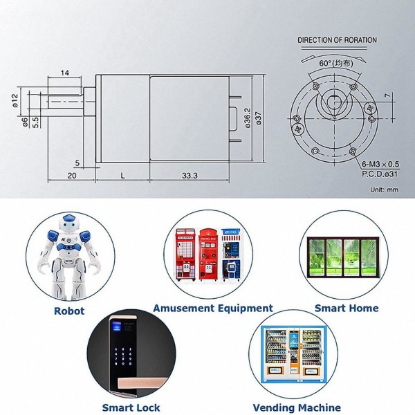 DC 12V 30 RPM Gearmotor med Højhastighedsreduktion, Mini Elektrisk Gearmotor med Excentrisk Udgangsaksel 37 mm