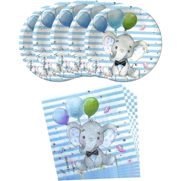 Elefant baby shower, blå elefant fødselsdagsfest tilbehør, 20 tallerkener og 20 servietter, elefant tema fødselsdagsfest dekoration til dreng