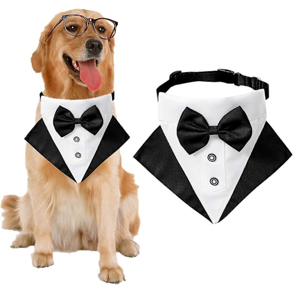 Formell Hund Tuxedo Bandana Hund Bröllop Bandana Halsband Hund Halsband med Fluga Justerbar Hund Fluga Halsband Bandana (Svart, Stor)