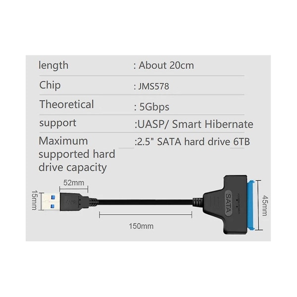 Usb3.0 Easy Drive Line Sata 22-nastainen Usb-siirtojohto Tietokoneelle 2,5 Tuuman Kiintolevyille