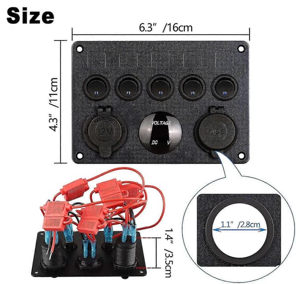 12v / 24v Kontrolpanel, 5 Grupper Af Vippekontaktspaneler, Med 5v 4.2a Dobbelt USB-Oplader, Vandafvisende LED Voltmeter