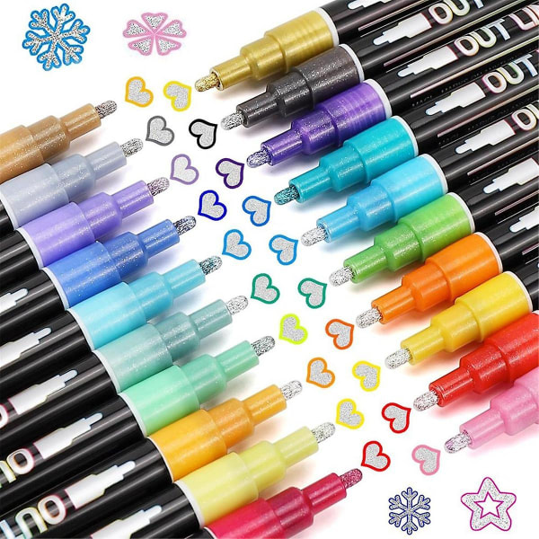 Shimmer Markers Doodle Outline blender: 20 farger Metallic Double Line Glitter Pen Sett Super Squigg