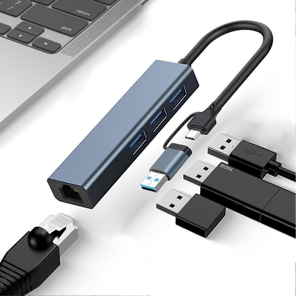 USB3.0 Ethernet -sovitin 2 in 1 Plug and Play 5 Gbps Nopea, ajuriton, helppo asennus RJ45 Type-C HUB -keskitin MacBook Prolle