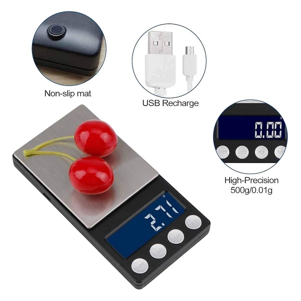 Digitaaliset keittiövaa'at, USB Ladattava taskuvaaka 500g/0,01g Minivaaka Elektroninen koruruoka