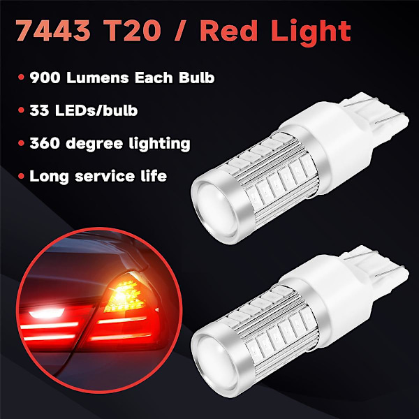 7443, T20 LED-pærer Rød 900 Lumen Super Bright Blinklyslys Brems Stopp Parkeringslys Ryggelys