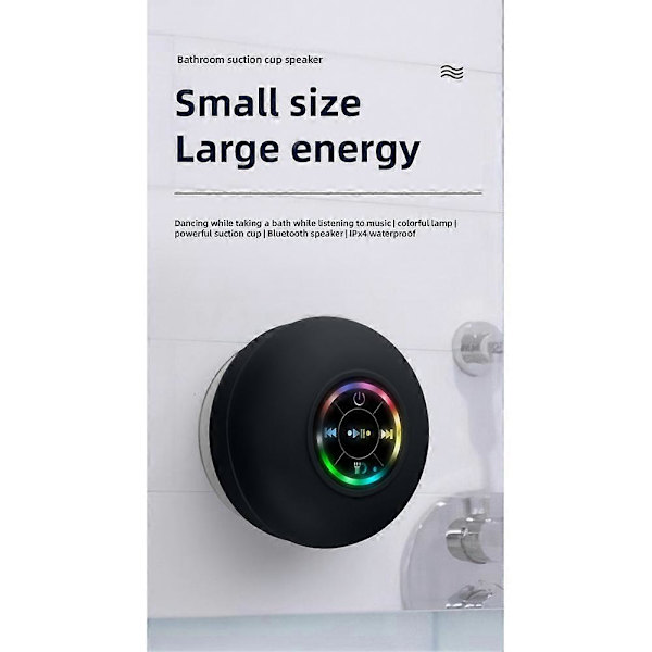 Mini Bluetooth-högtalare Vattentät Badrum Ljud Trådlös Duschhögtalare RGB-lampa Bluetooth Sugkoppshögtalare, Svart