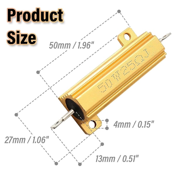 2 stk. 50W 25Ohm Trådviklet Effektmodstand, Aluminiumshus Modstand, Guld Chassis