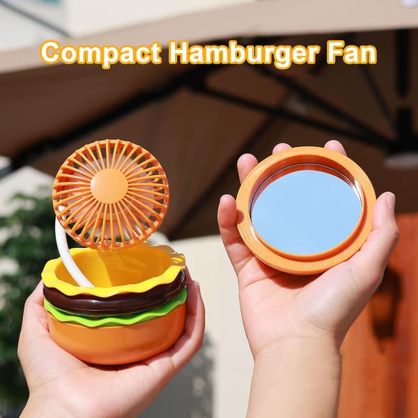 Luftkøler Nyhed Hamburger Mini Ventilator med Makeup Spejl Foldbart Design 3-Hastigheds Vindjustering USB Genopladelig Køleventilator