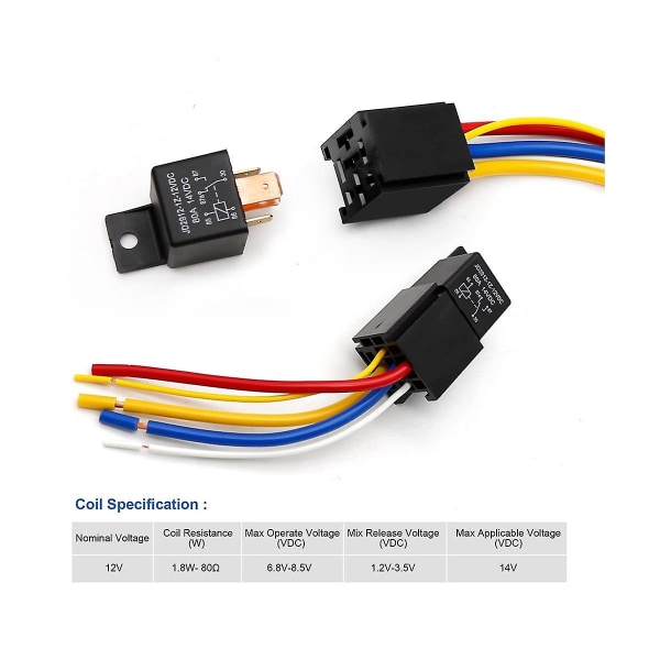 Bilrelæ med sele, 5Pin 80A relæ On/Off Normalt åben SPDT relæstikstik JD2912-1Z-12VDC