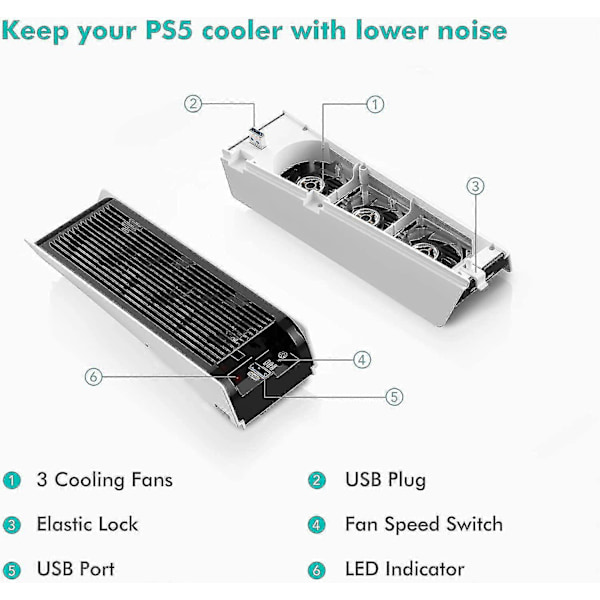 PS5 Køleblæser med LED-lys, Stille Blæser med 3 Blæsere og Controller USB-port Kompatibel med PS5 Digital/disk Edition