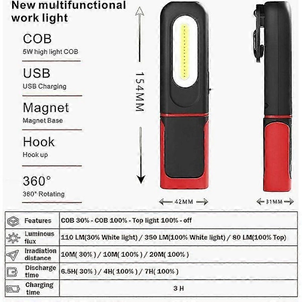 Uppladdningsbar LED-arbetslampa, 2 i 1 360 graders roterande inspektionslampa och 3W COB LED-ficklampa med magnetisk bas och krok