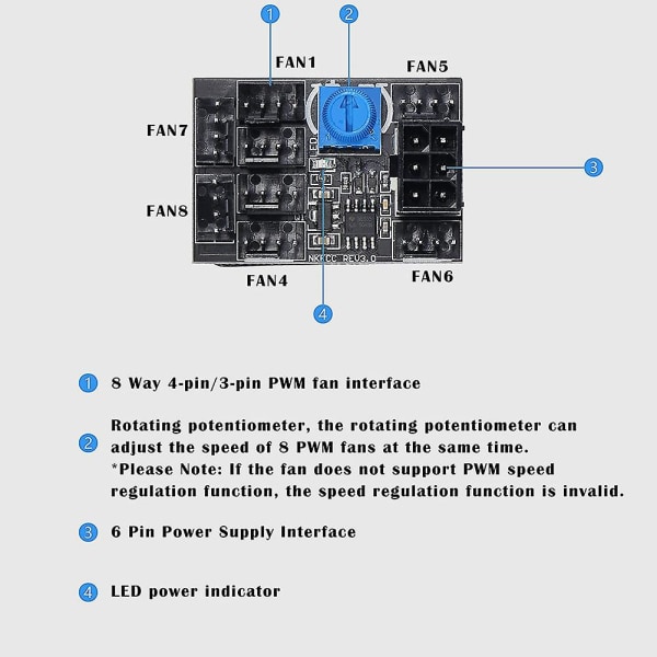 3-napainen 4-napainen tuuletinsovitin PWM PC-kotelon jäähdytystuulimen keskitin 8-tieinen jakaja 12V nopeuden säädin 6-napaisella virtapikalukolla