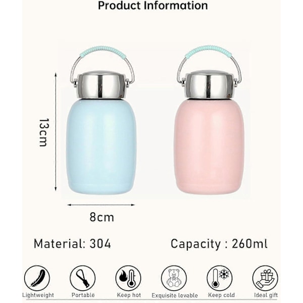 Liten Vannflaske 260ml med Håndtak, Dobbel Vegg Vakuum Termosflaske, Holder Drikker Kalde i 12 Timer/Varme i 8 Timer, BPA-fri (Svart)