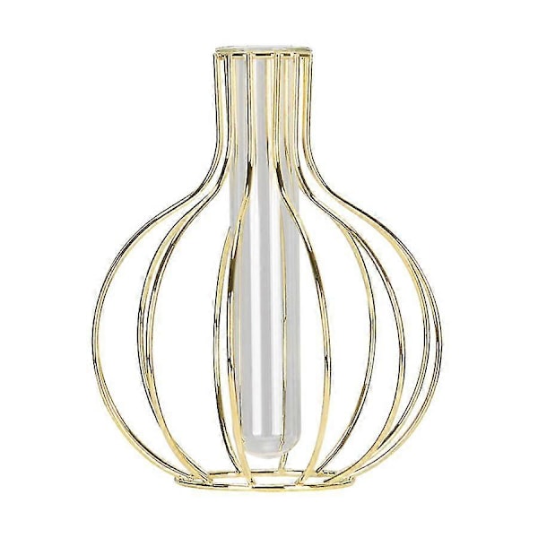 Glasblomstervase med metalramme, reagensglasvase til hydroponisk plante, vase køkken kontorbord To6417242331870