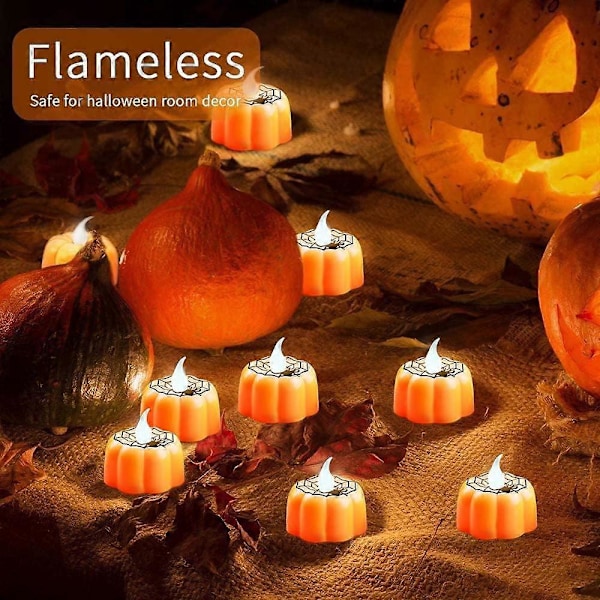 12-pack Halloween Pumpa-Teeljusar Halloween Ljus Flammlösa Batteridrivna 3D Orange LED Teeljus