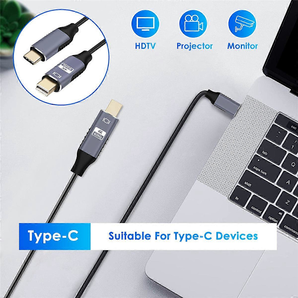 USB C till Mini Displayport-kabel USB Typ C för Thunderbolt 3 till Mini DP-sladd 4K Adapterkabel
