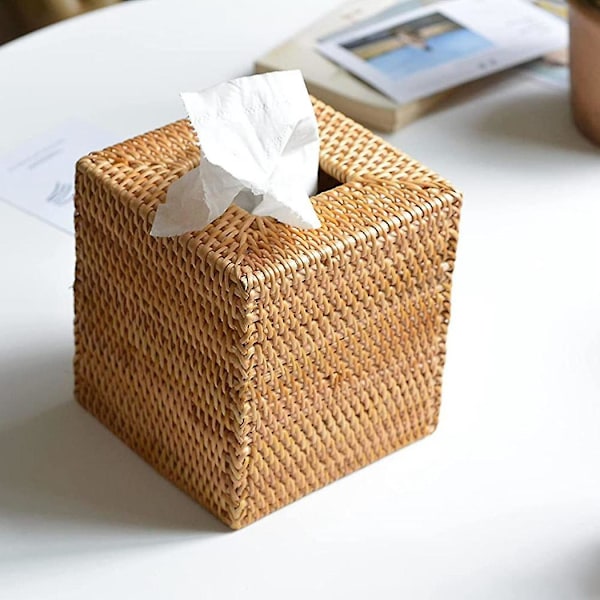 Firkantet Tissueboksdeksel i Rattan, Håndvevd Tissueholder i Kurv, 14,5 x 14,5 x 14,5 cm, Trefarge