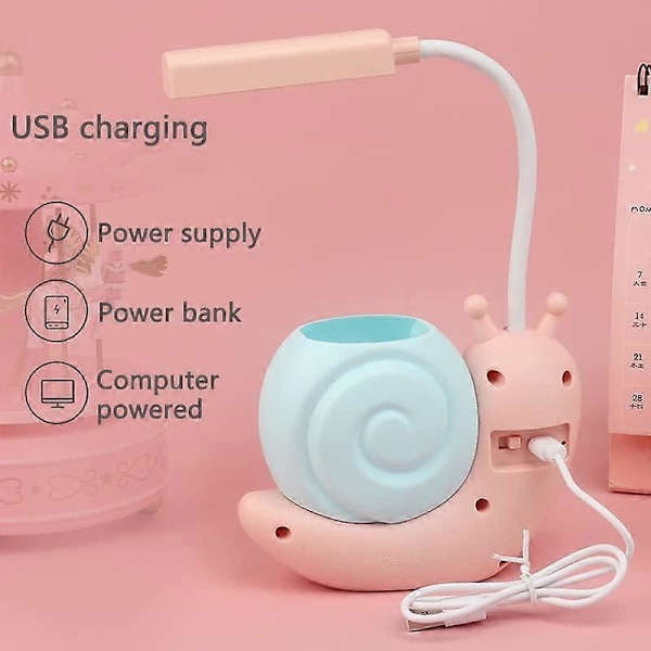 Barnelampe med Penneholder, LED Skrivebordslampe for Barn, Snegleform USB Lading Studentlæring Øyebeskyttelseslampe med 360° Bøybar Justerbar Hals Rosa