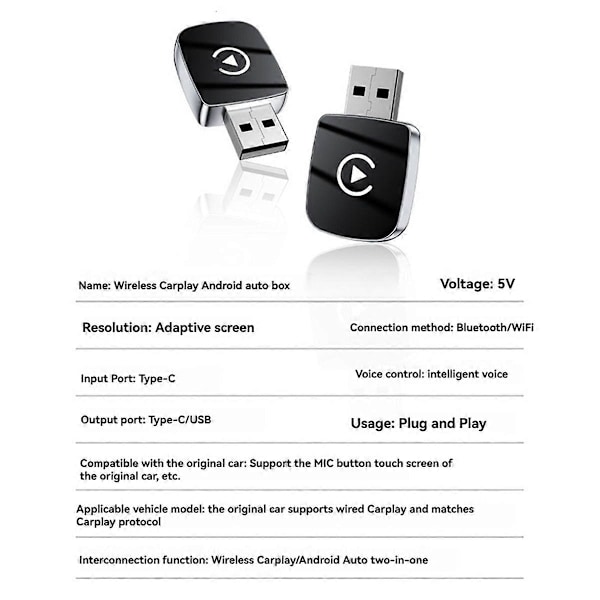2 i 1 CarPlay Trådbunden till Trådlös CarPlay & Android Auto Adapter Typ-C/USB Ai Box WiFi Bluetooth Ca