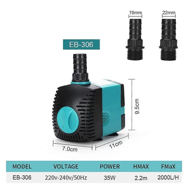 Dränkbar fontänvattenpump (2000L/H, 35W) med 2 munstycken 2,2 m lyfthöjd