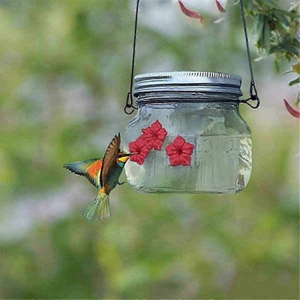 Fuglefoderautomat i Mason Jar med blomsterfoderporte - 1 pakke krukke design til vilde fugle og haveindretning