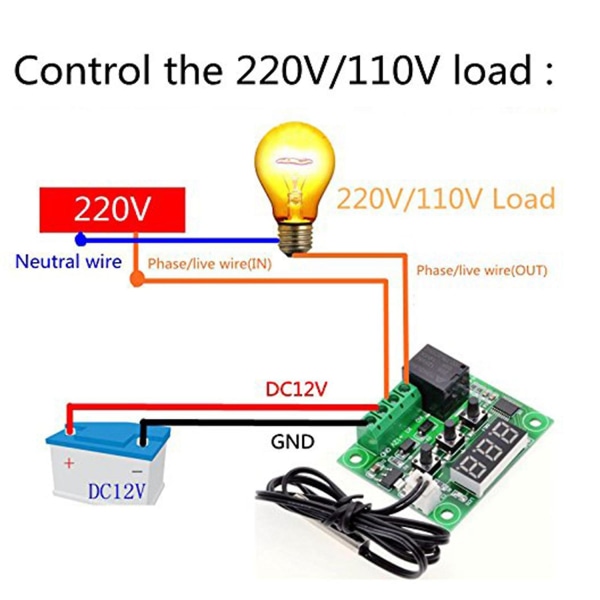 W1209 DC 12V Termostat Temperaturstyringsswitch Termometer Controller med Digital LED-Skærm