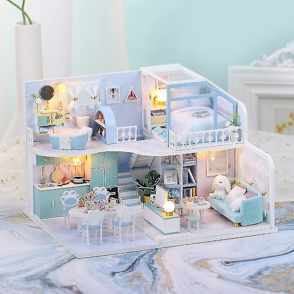 Hands Craft DIY Miniature Dukkehus Sæt Blå 3D Model Træmøbler Lille Hus Bygning Med LED Lys Træ Forskårne Stykker Puslespil 1:24 Skala Til