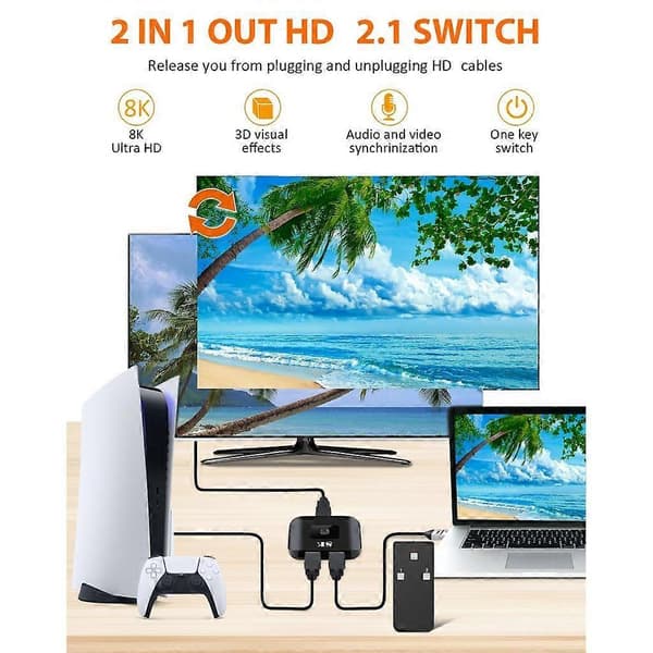 HDMI Splitter 2 i 1 HDMI Switch til PC Laptop HDTV Boks HDMI 2.1 Switch