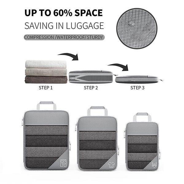 3-pack Bärbara Väskor Resekomprimerbara Förvaringsfodral Set Mesh Visuell Bagageorganisatör, svart