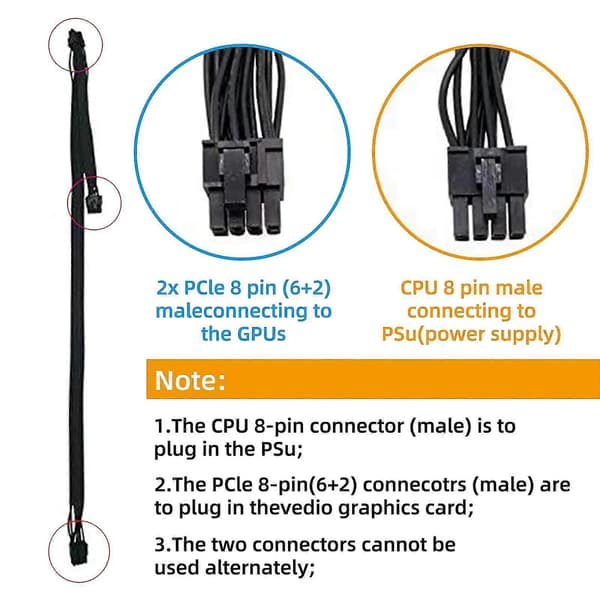 2 stk. CPU ATX 8-pin han til dobbelt PCIe 2X 8-pin (6+2) han strømkabel til modulær strømforsyning (60 cm + 20 cm)