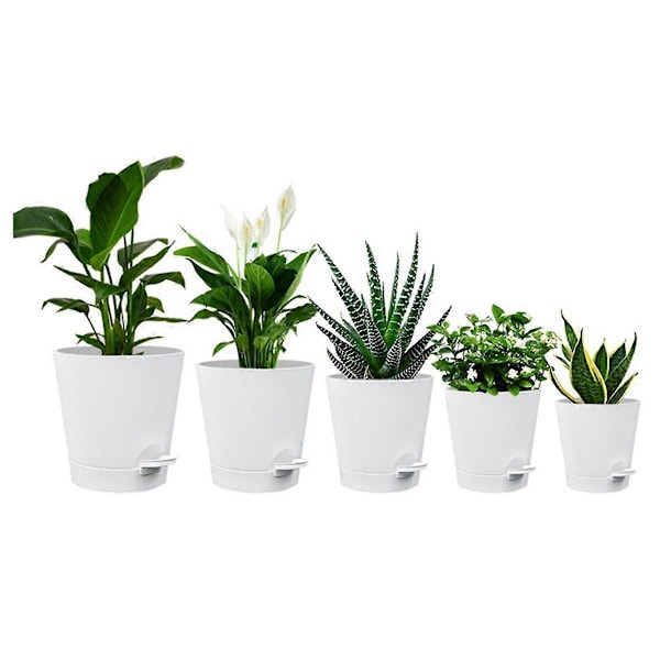 5-pack 13 cm Självvattnande Krukor för Inomhusväxter, Blomkrukor med Dräneringshål och Veke Rep Vit