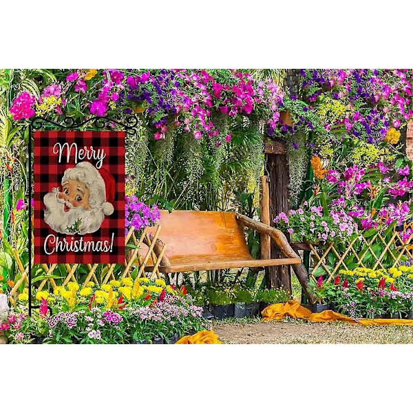 Glædelig Jul Haveflag Dobbeltsidet Polyester Julemand Rød Sort Buffalo Plaid Tartan Ternet Hus