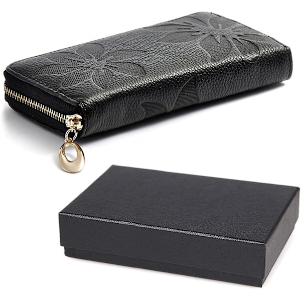 Lommebok for kvinner, ekte skinn dame lommebok 8 kredittkort telefonholder, myk moteveske dame clutch - svart svart -