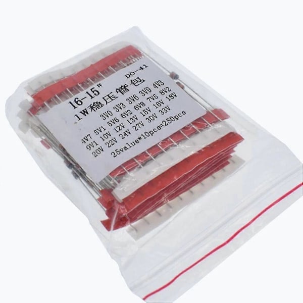 250 st 1W Zenerdiod Assorterad Kit 3V-33V, 25 Värden Assorterad Sortimentset, Elektronisk Komponent DIY Kit 1N47