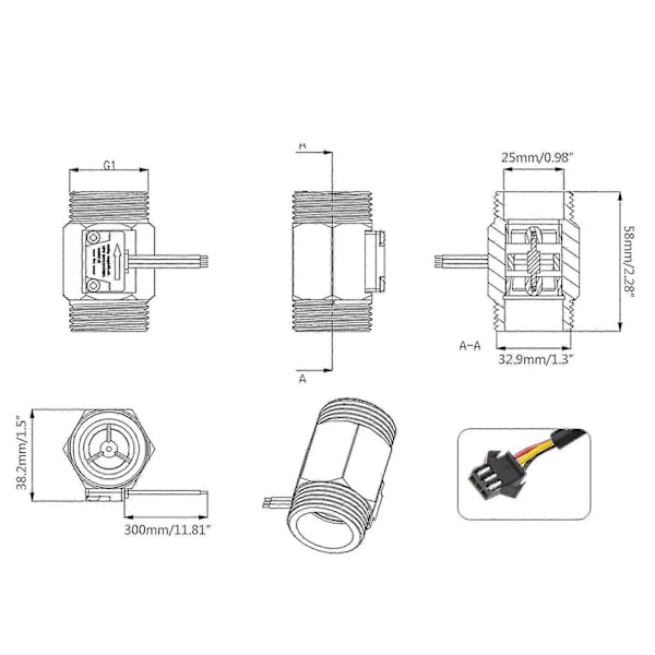 1-tommers liten vannstrømssensor messing vannsensor Hall strømningsmåler Dc3.524v