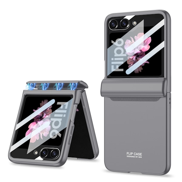 Lämplig för Samsung ZFlip6 mobiltelefonfodral vikbar skärm ultratunn stor fönsterskal film integrerad magnetisk absorption cross gray