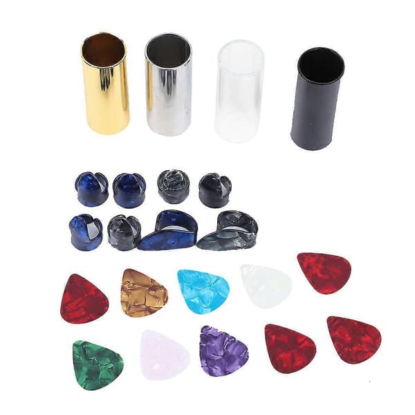 Gitarrtillbehörssats 10 Celluloid Plektrum 4 Gitarrglidare 8 Fingerrör med Järnask