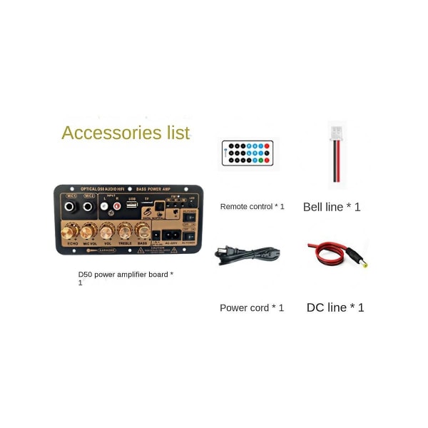 D50 Förstärkarkort med Optisk Ljud Bluetooth AMP USB FM-Radio TF-Spelare DIY Ljud Subwoofer för Hem Bil - EU-kontakt