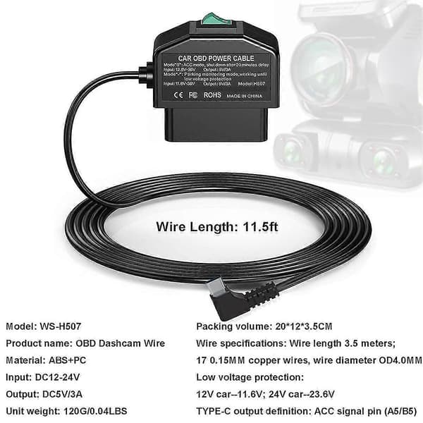 Dash Cam OBD Hardwire Kit, Dash Camera USB Typ C Hardwire Kit med OBD-strömkabel för Dashcam 12-2