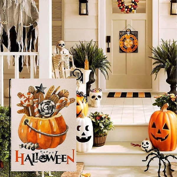 Happy Halloween Trädgårdsbanner Dubbelsidig Linne Höst Pumpa Trädgårdsbanner, Rolig Pumpa Banner