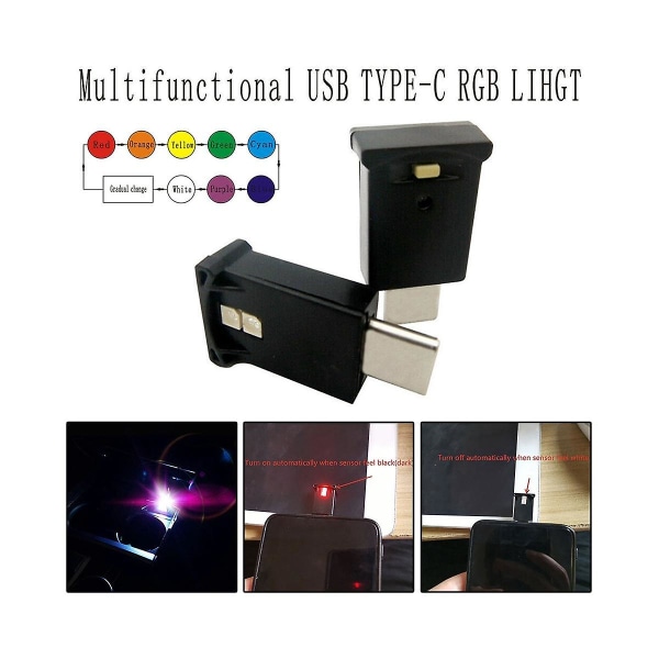 Mini USB-C LED RGB-lys med justerbar lysstyrke, 8 fargevalg for bil, bærbare datamaskiner, tastaturatmosfære