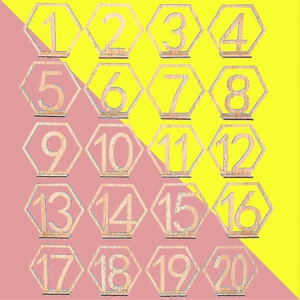 Hexagonformade Bordsnummer i Trä för Bröllop - Set med 20 Rustika Bordsnummerhållare