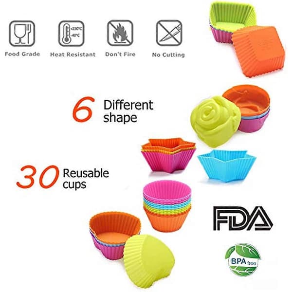 Kaxich Silikon Muffinsforme 30 stk Genanvendelige Non-Stick Bageforme Muffinsforme Bageforinger 5 Former
