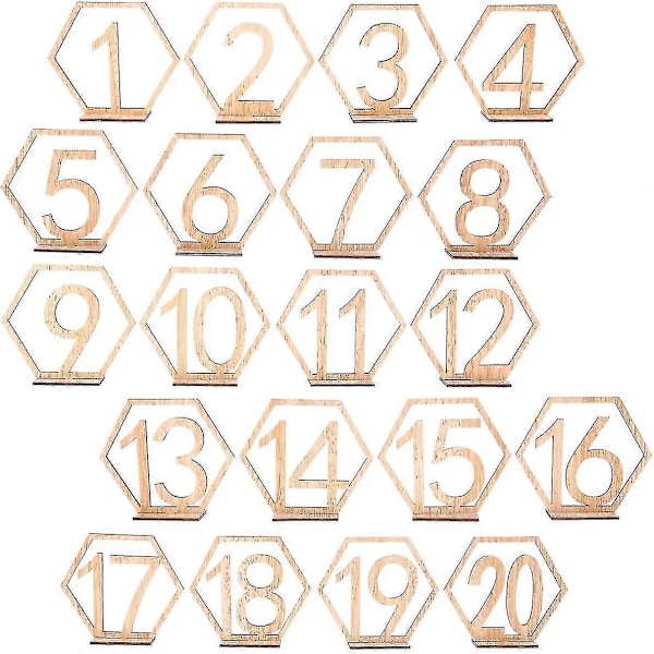 Hexagonformade Bordsnummer i Trä för Bröllop - Set med 20 Rustika Bordsnummerhållare