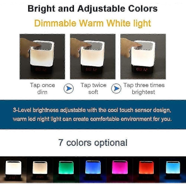 Nattlampa med Bluetooth-högtalare, 5 i 1 Touch-lampa med färgbyte, RGB Dimbar Digital Alarm